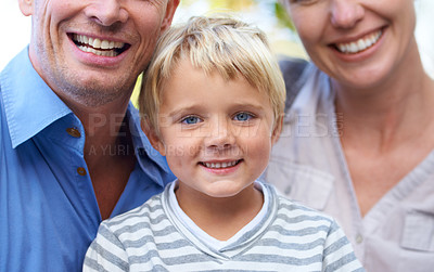 Buy stock photo Portrait, smile and parents with boy in garden for outdoor adventure, vacation or bonding. Relax, sunshine and family, happy child with with mom and dad on summer holiday fun with smile in backyard.