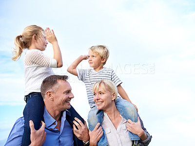 Buy stock photo Smile, piggy back and parents with children on blue sky for outdoor adventure together, vacation and high five. Relax, sunshine and family, happy kids with mom and dad on summer holiday with support.