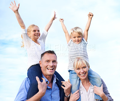 Buy stock photo Portrait, piggy back and parents with children on outdoor adventure, vacation or excited on blue sky. Relax, sunshine and family, happy kids with with mom and dad on summer holiday fun with smile.
