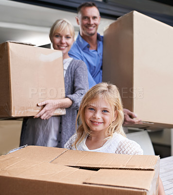 Buy stock photo Portrait of happy family moving to home with boxes, package and mortgage on property investment. Man, woman and girl child together in new house, real estate and love with future, cardboard and smile