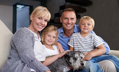 Buy stock photo Happy, parents and children in portrait on sofa with dog in home and relax with love together. Family, care and support kids on holiday or vacation with smile in house with mother, father and pet
