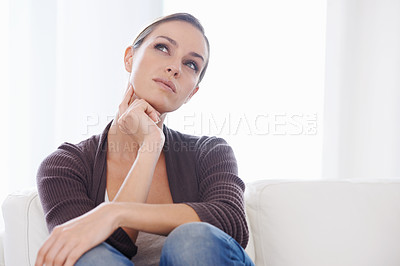 Buy stock photo Thinking, sofa and woman with idea in home for nostalgia, wondering and remember in living room. Brainstorming, daydreaming and person on couch with thoughtful, contemplating and planning in house