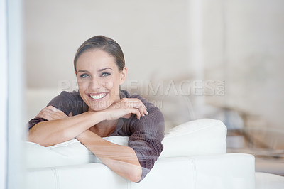 Buy stock photo Woman, relax and portrait in living room couch for positive, satisfaction and lounge. Happiness, calm and weekend with female person, home and joy, carefree and comfortable alone in sofa for rest 