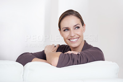 Buy stock photo Face, thinking and woman in house, couch for memories, smile and wellbeing. Happiness, calm and weekend with female person, home and joy, carefree and comfortable alone in sofa to relax