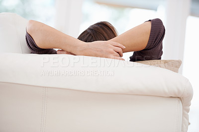 Buy stock photo Relax, sofa and hands of woman in morning for resting on weekend, free time and break in living room. Apartment, house and person lying, comfortable and chill on couch for peace, calm and wellness