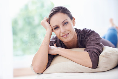 Buy stock photo Face, thinking and woman for lying in couch for memories, leisure and wellbeing. Resting, calm and weekend with female person, home and break, carefree and comfortable alone in sofa to relax