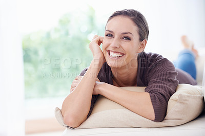 Buy stock photo Woman, happy and portrait for lying on couch for positive, satisfaction and mindset. Relax, calm and weekend with female person, home and joy, carefree and comfortable alone in sofa for rest 