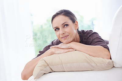 Buy stock photo Thinking, sofa and woman relax in home for nostalgia, wondering and remember in living room. Brainstorming, daydreaming and person on couch with thoughtful, contemplating and inspiration in house
