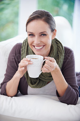 Buy stock photo Coffee, happy and portrait of woman in home with calm, wellness and peace on sofa in living room. Morning, breakfast and person with mug relax and drinking tea, caffeine and hot beverage in house