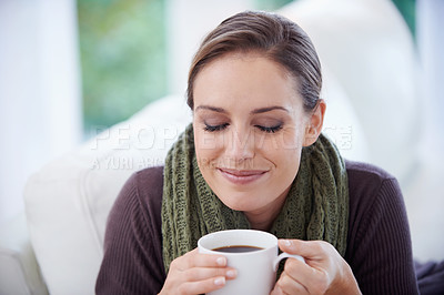 Buy stock photo Woman, smell coffee and relax in apartment for comfort or morning routine with warm drink. Caffeine beverage, latte or espresso with peace and calm for chill at home with positive attitude and aroma