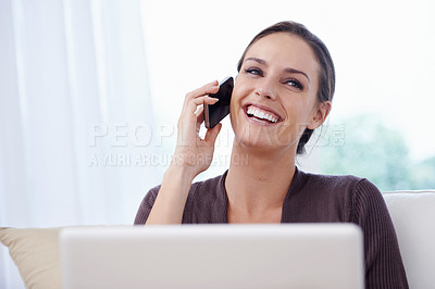 Buy stock photo Woman, phone call and laptop for remote work in home, smile and consultation on living room sofa. Person, smartphone conversation and computer with negotiation, networking and contact on lounge couch