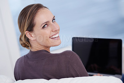 Buy stock photo Woman, portrait and laptop for remote work from home with back, smile and typing for online blog. Journalist, writer or content creator with freelance service, editor or copywriting with computer