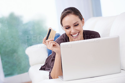 Buy stock photo Woman, laptop and credit card on sofa for online shopping, fintech payment and upgrade membership account at home. Happy lady, computer and password for banking, ecommerce sales and financial savings