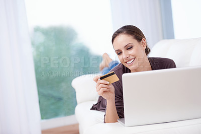 Buy stock photo Happy, woman and credit card with laptop on sofa to pay for online shopping, sales and ecommerce. Internet, banking and person in home with computer and virtual payment of service or product