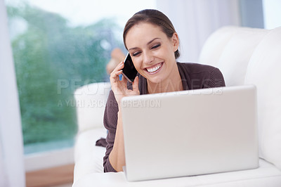 Buy stock photo Happy, woman and phone call with laptop on sofa for remote work in communication or social media. Virtual, contact and person in home with networking on computer online and talking on smartphone