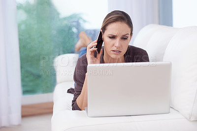 Buy stock photo Confused, woman and phone call with laptop on sofa problem solving for remote work in communication. Virtual, contact and person in home networking on computer with stress and talking on smartphone