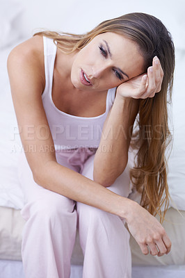 Buy stock photo Frustrated woman, headache and wakeup on bed in morning, mistake or depression at home. Upset young female person with migraine, anxiety or mental health sitting in bedroom with insomnia or stress