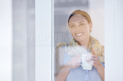Buy stock photo Happy woman at window, thinking with tea and memory, inspiration and future in morning routine for wellness. Insight, reflection and mindfulness with warm beverage, coffee break and relax at home