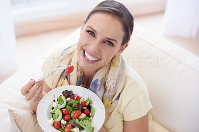 Buy stock photo Healthy food, woman in portrait with salad and diet, organic vegetables and relax on sofa with smile for weight loss. Vegan meal, gut health and wellness, eating for nutrition with vitamins and lunch