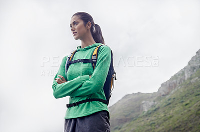 Buy stock photo Arms crossed, hiking and woman with fitness, thinking and mountains with exercise and fresh air. Person, girl and hiker with wellness, nature and training for health and active with hobby and workout