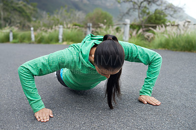 Buy stock photo Push ups, woman and outdoor with fitness, wellness and active for endurance and training. Fresh air, person and athlete with challenge, mountains and freedom with practice, exercise  and progress