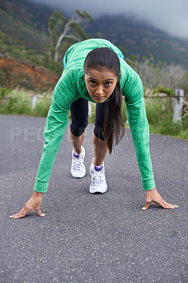 Buy stock photo Woman, on her mark and start run for fitness, race or marathon with athlete training outdoor. Runner is ready, portrait and exercise, cardio and speed with challenge,  sports for health and wellness