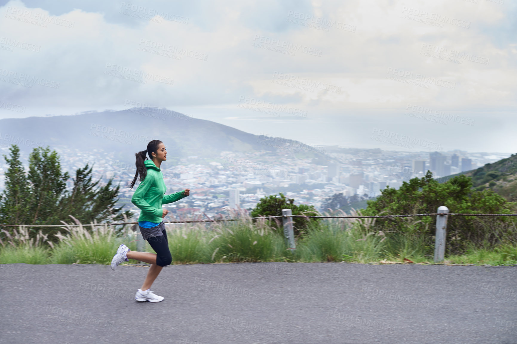 Buy stock photo Training, road and running with woman, fitness and morning with fresh air and exercise for health, workout and cardio. Person, runner and athlete with wellness and practice with energy and challenge