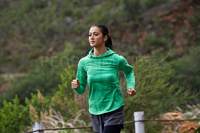 Buy stock photo Wellness, road and running with woman, fitness and morning with fresh air and exercise for health, training and cardio. Person, runner or athlete with workout or endurance with nature or challenge