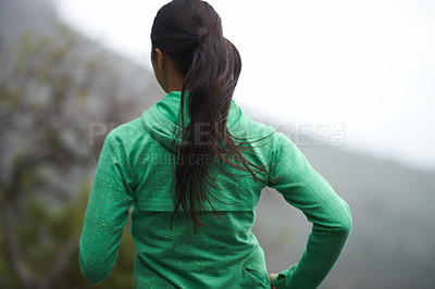 Buy stock photo Back, road and running with woman, energy and morning with endurance and exercise for health, wellness and cardio. Person, runner or athlete with workout or training with nature, morning or challenge
