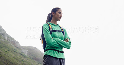 Buy stock photo Arms crossed, hiking and woman with adventure, thinking and mountains with exercise and fresh air. Person, girl or hiker with wellness, fitness or training for health and active with hobby or holiday