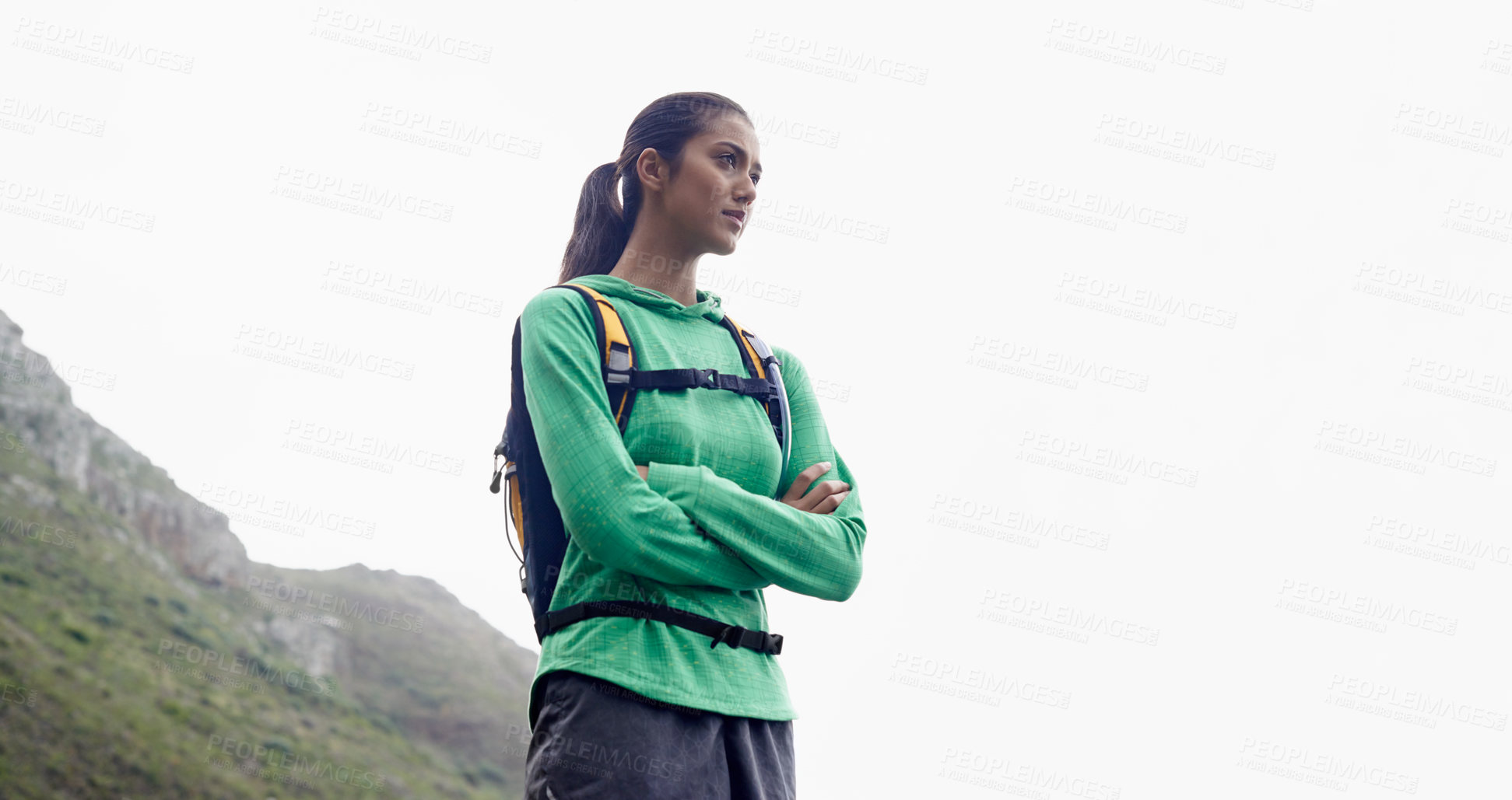Buy stock photo Arms crossed, hiking and woman with adventure, thinking and mountains with exercise and fresh air. Person, girl or hiker with wellness, fitness or training for health and active with hobby or holiday