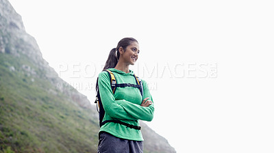 Buy stock photo Arms crossed, hiking and woman with training, thinking and mountains with adventure and fresh air. Person, girl and hiker with wellness, nature or exercise for health and active with hobby or workout