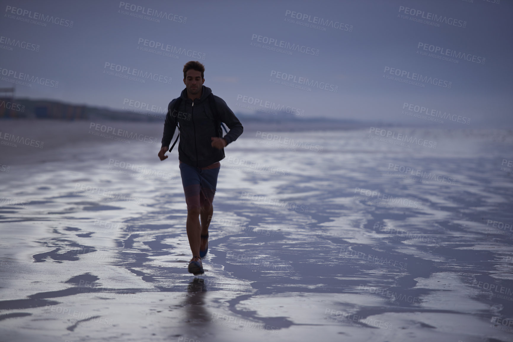 Buy stock photo Running, beach and man with fitness travel and exercise with wellness, explore and ocean. Person, runner and guy with fun, water and sunset with break and breathing with workout, energy and Miami
