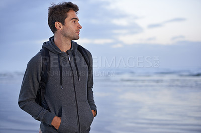 Buy stock photo Thinking, beach and man with holiday, travel and backpack with vacation, summer break or getaway trip. Person, seaside or traveller with nature or wellness with water, explore or adventure or journey