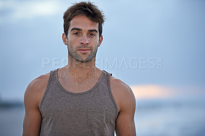 Buy stock photo Portrait, beach and man with vacation, holiday and summer break with getaway trip and tropical island. Face, person and guy with journey and travel with wellness, morning and fitness with adventure