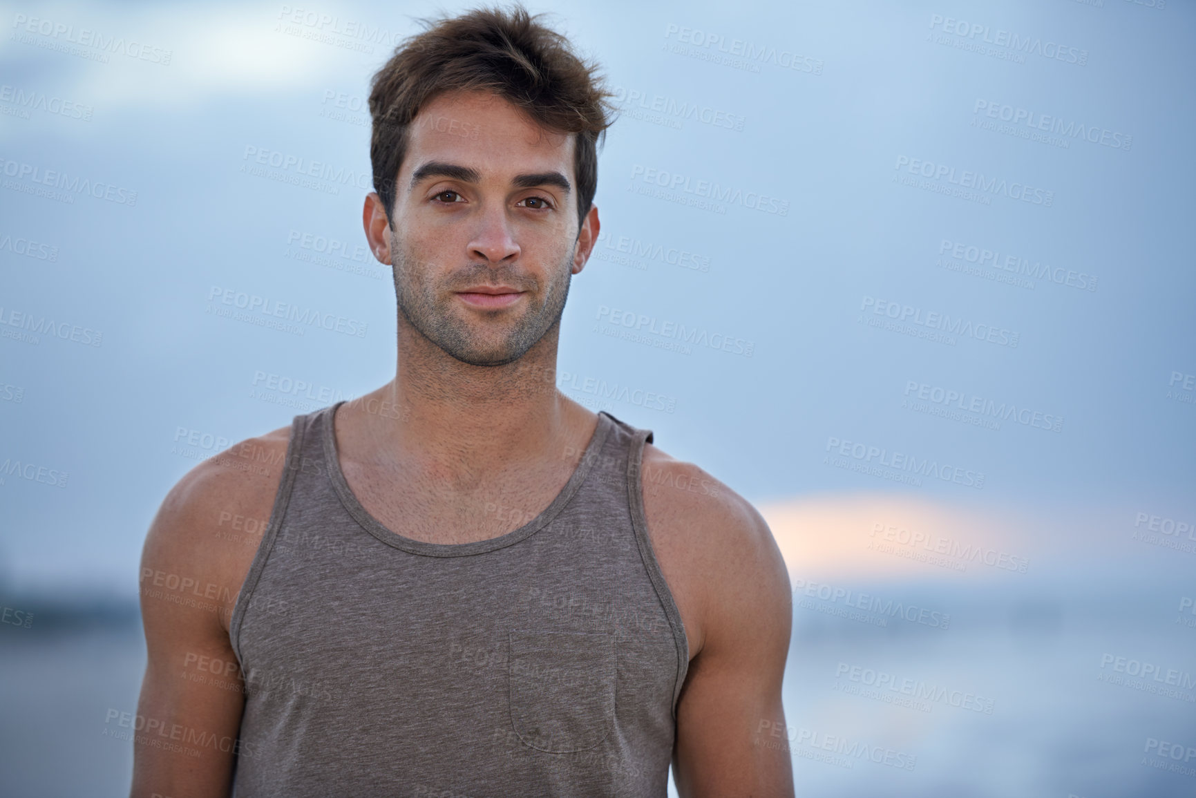 Buy stock photo Portrait, beach and man with vacation, holiday and summer break with getaway trip and tropical island. Face, person and guy with journey and travel with wellness, morning and fitness with adventure