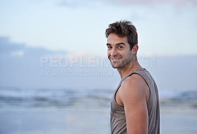 Buy stock photo Portrait, smile and beach with man, vacation and happiness with journey and getaway trip. Face, person and guy with holiday, Brazil and adventure with peace and travel with wellness, summer and ocean