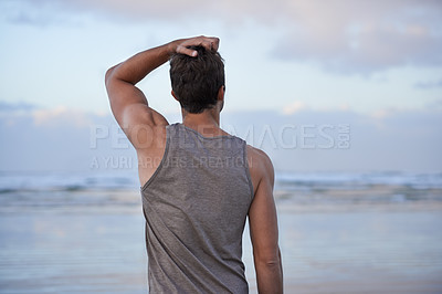 Buy stock photo Back, beach and man with vacation, travel and journey with tropical island getaway and adventure. Person, ocean and guy with summer break and seaside with holiday, water and wellness with freedom