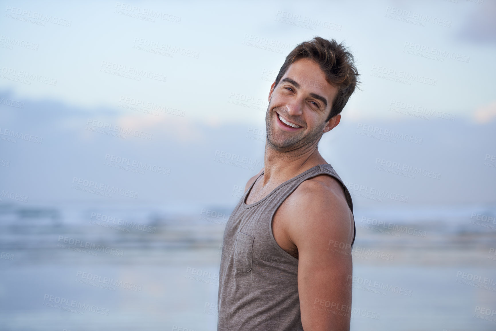 Buy stock photo Portrait, smile and beach with man, holiday and happiness with summer break and getaway trip. Face, person or guy with joy, Brazil or adventure with peace or travel with wellness, journey or ocean