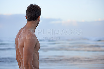 Buy stock photo Thinking, ocean and back of man on beach for swimming on holiday, vacation and weekend outdoors. Summer, travel and person by sea, waves and water for exercise, wellness and adventure in nature