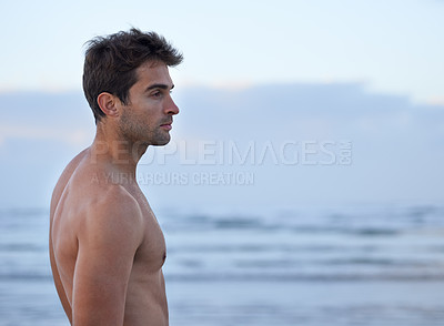 Buy stock photo Thinking, fitness and calm man at a beach for wellness, training or reflection in nature topless. Memory, profile and male athlete at the ocean with peace, moment and break after running at the sea