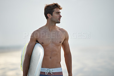 Buy stock photo Surfing, thinking and fitness man at a beach with surfboard for freedom, travel or sports outdoor. Ocean, training and surfer male at sea for swimming, wellness or adventure, workout or holiday trip