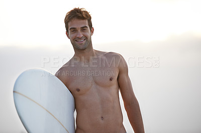Buy stock photo Fitness, portrait and happy man at a beach with surfboard for wellness, sports and training in nature. Water, exercise and face of male surfer at the ocean for morning cardio, freedom and travel