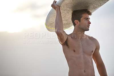 Buy stock photo Fitness, beach and man thinking with a surfboard for wellness, sports and training nature. Water, exercise and profile of male surfer at the ocean for adventure, travel and journey, hobby or holiday
