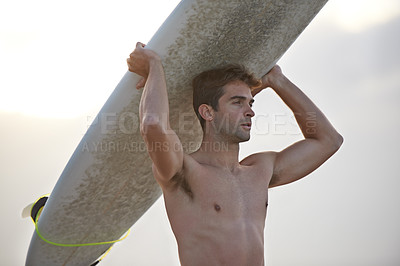 Buy stock photo Fitness, beach and man carrying surfboard for wellness, sports and training nature. Ocean, exercise and profile of male surfer at the sea for vacation adventure, travel and journey, hobby or holiday