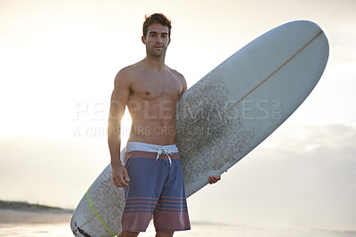 Buy stock photo Surfing, fitness and portrait of man at a beach with surfboard for fun, travel and sports outdoor. Ocean, training and male surfer at the sea for swimming, fun and adventure, workout and holiday