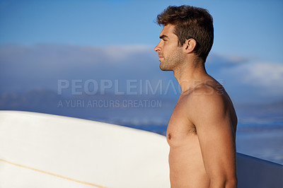 Buy stock photo Thinking, surfing and man with surfboard by ocean for, waves on summer vacation, weekend and holiday by sea. Travel, nature and person on beach for water sports, adventure and hobby in Australia