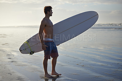 Buy stock photo Man, beach and surfboard for waves, exercise or outdoor hobby in fitness, surfing or practice. Male person or surfer with long board for training, seaside or morning by water or ocean coast in nature