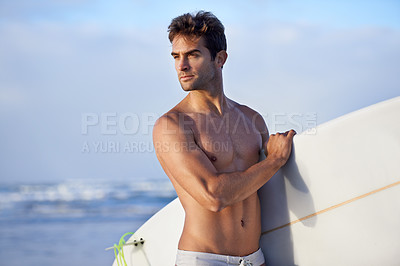 Buy stock photo Thinking, surfing and man with surfboard at beach for, waves on summer vacation, weekend and holiday by sea. Travel, nature and person by ocean for water sports, adventure and fun in Australia