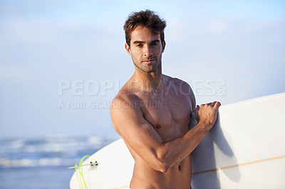 Buy stock photo Beach, surfing and portrait of man with surfboard for, waves on summer vacation, weekend and holiday by sea. Travel, nature and face of person by ocean for water sports, adventure or fun in Australia